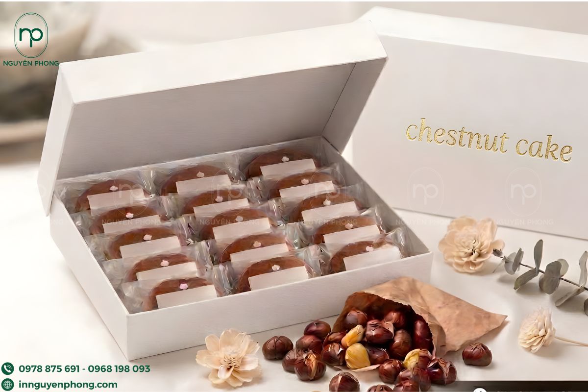 In hộp giấy đựng bánh hạt dẻ